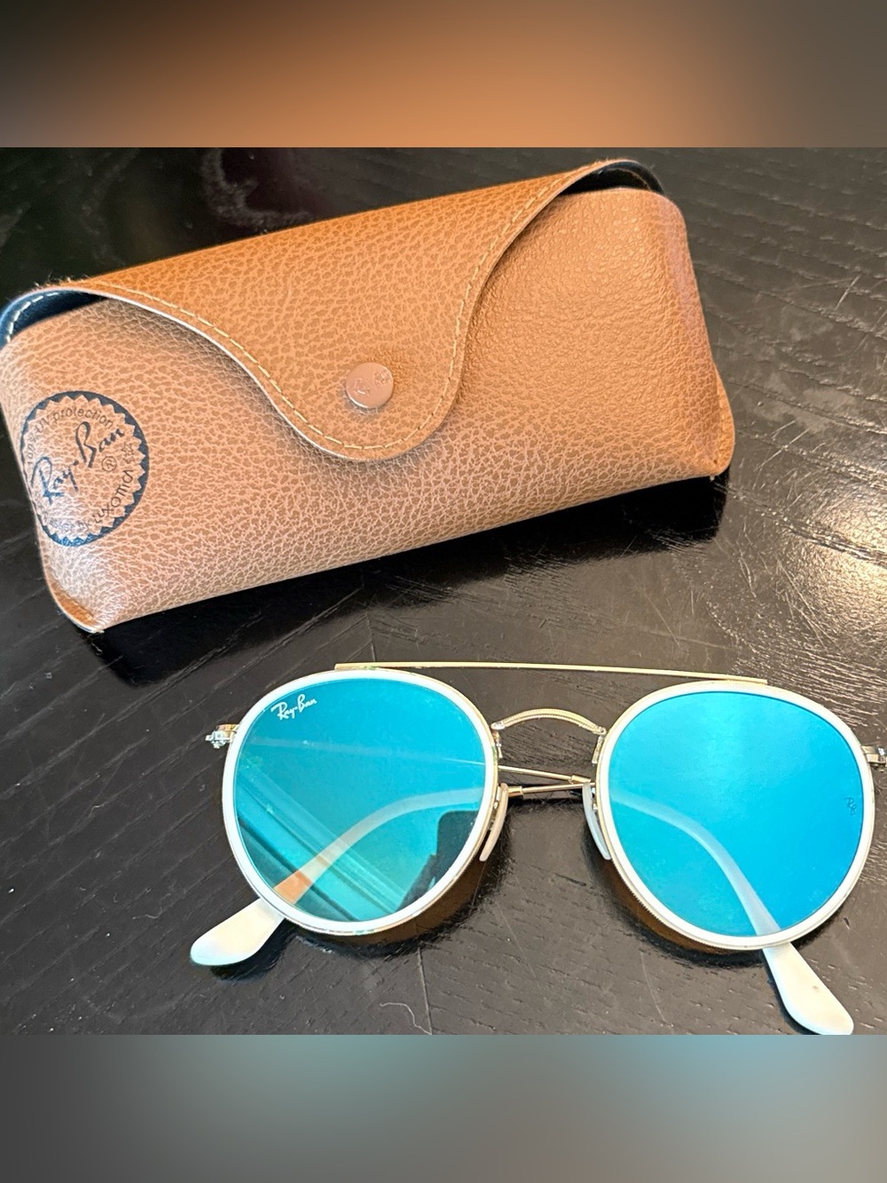 Ray-Ban Gold Frame Sunglasses with Blue Mirror Lenses and Brown Case
